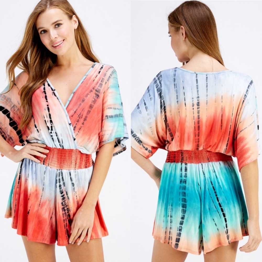 Surplice Smocked Waist Peach & Teal Tie Dye Romper - Picture 2 of 4